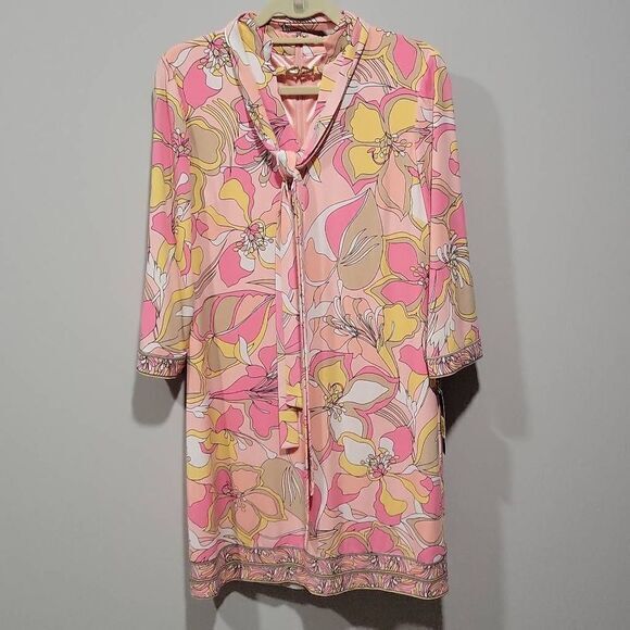 Tahari Shirt Dress Women Size 8 NEW Pink Retro 60 Pink Floral Mini Stretchy Knit - Picture 2 of 12